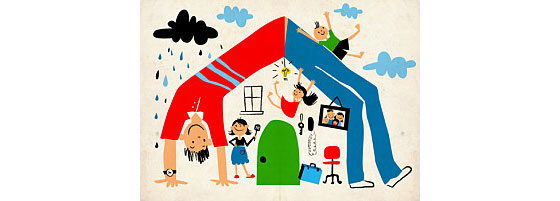 Illustration einer Familie, die geschützt vom Vater ihre Freude und Verspieltheit auslebt
